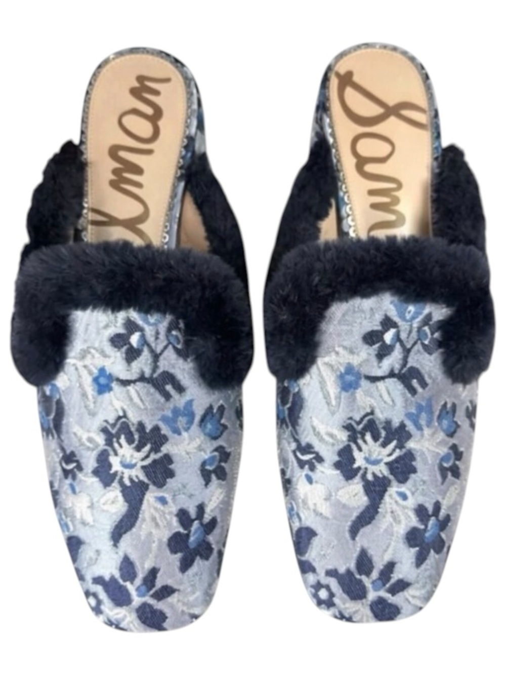 Sam Edelman Adair 2 Faux Fur Mules Brocade Slippers Blue Floral Sz 8.5 Old Money